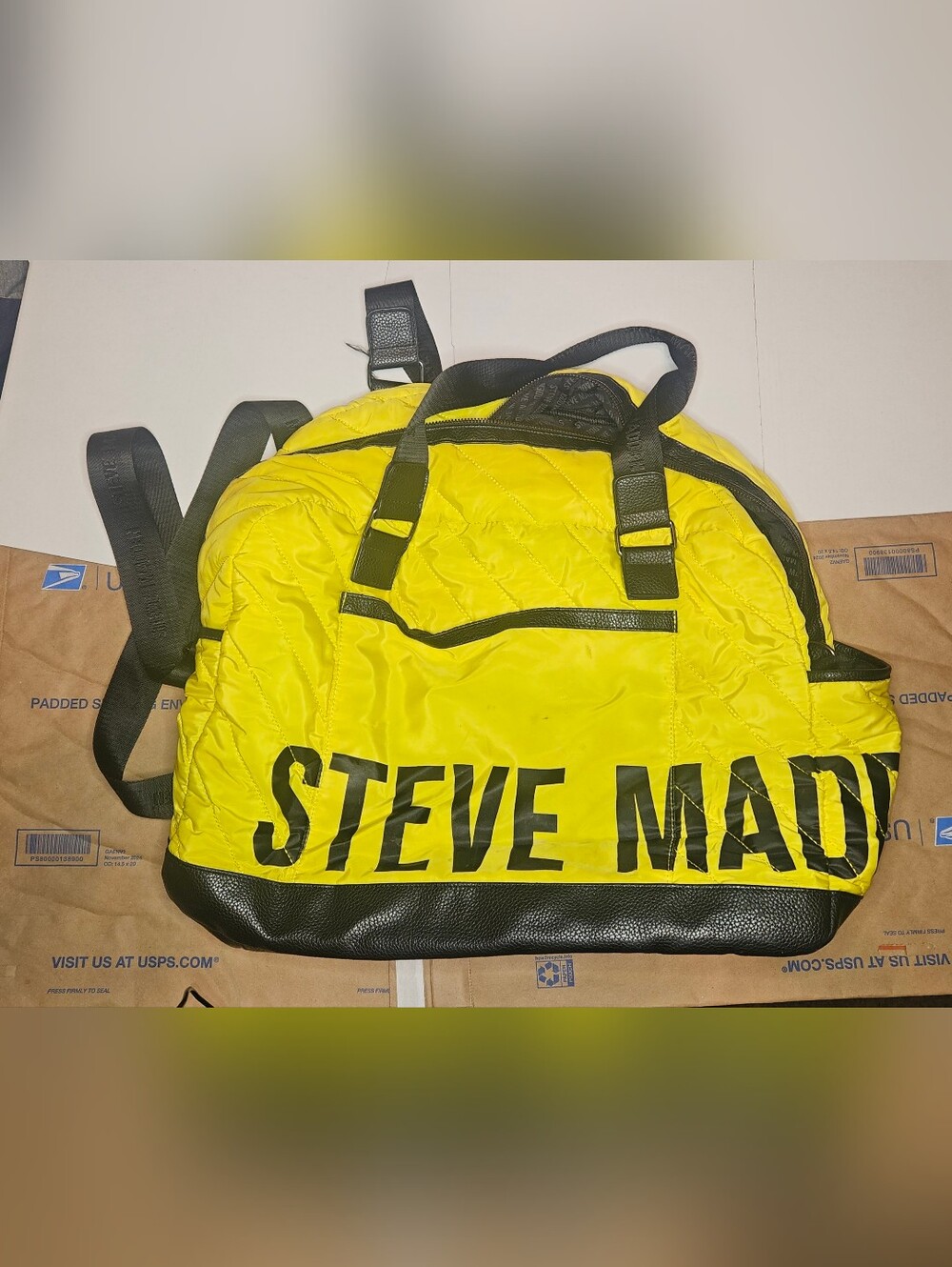 Steve Madden Neon Yellow & Black Quilted Weekend Duffle Bag - Broken Zipper